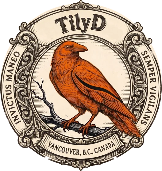 The TilyD seal: an orange raven perched on a branch, inside an engraved ring that reads TilyD at the top, Invictus maneo and Semper vigilans on the sides, and Vancouver, B.C., Canada on a ribbon at the bottom.